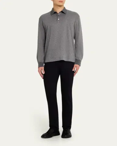 ZEGNA Men's Melange Cotton Long-Sleeve Polo Shirt | Thumbnail 2 ZEGNA Men's Melange Cotton Long-Sleeve Polo Shirt | Thumbnail 2