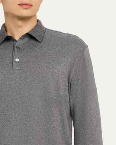ZEGNA Men's Melange Cotton Long-Sleeve Polo Shirt | Thumbnail 5 ZEGNA Men's Melange Cotton Long-Sleeve Polo Shirt | Thumbnail 5