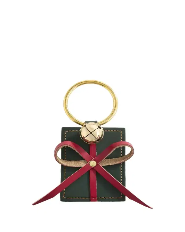 Green & Red Leather Gift Box Decorative Charm with Brass Bell