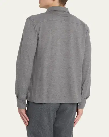 Zegna Men's Leather-Trim Melange Cotton Long-Sleeve Polo Shirt | Thumbnail 3 Zegna Men's Leather-Trim Melange Cotton Long-Sleeve Polo Shirt | Thumbnail 3