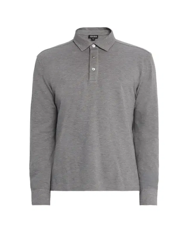 Men's Leather-Trim Melange Cotton Long-Sleeve Polo Shirt