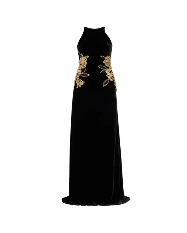 Waist Applique Velvet Halter Gown