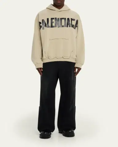 Balenciaga Men's Cotton Tape Logo Ripped-Pocket Hoodie | Thumbnail 2 Balenciaga Men's Cotton Tape Logo Ripped-Pocket Hoodie | Thumbnail 2