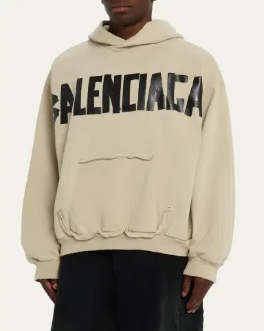 Balenciaga Men's Cotton Tape Logo Ripped-Pocket Hoodie | Thumbnail 4 Balenciaga Men's Cotton Tape Logo Ripped-Pocket Hoodie | Thumbnail 4