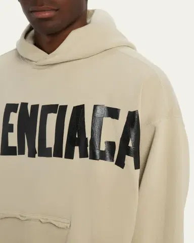 Balenciaga Men's Cotton Tape Logo Ripped-Pocket Hoodie | Thumbnail 5 Balenciaga Men's Cotton Tape Logo Ripped-Pocket Hoodie | Thumbnail 5
