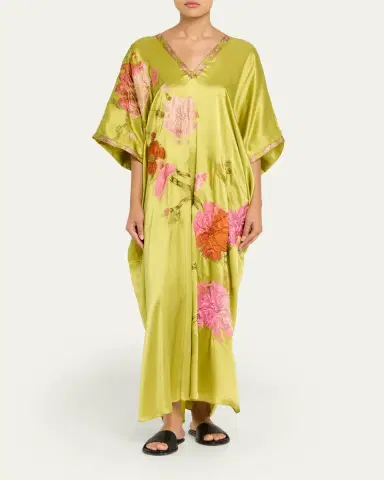 Josie Natori Floral-Embroidered Silk Caftan | Thumbnail 2
