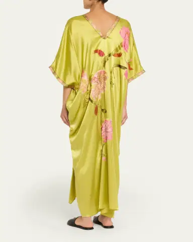Josie Natori Floral-Embroidered Silk Caftan | Thumbnail 3