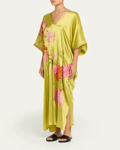 Josie Natori Floral-Embroidered Silk Caftan | Thumbnail 4