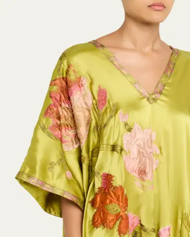 Josie Natori Floral-Embroidered Silk Caftan | Thumbnail 5