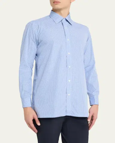 Charvet Men's Cotton Point Collar Micro-Plaid Sport Shirt | Thumbnail 4
