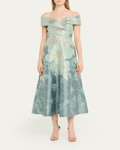 Rickie Freeman for Teri Jon Off-Shoulder Metallic Jacquard Midi Dress | Thumbnail 2 Rickie Freeman for Teri Jon Off-Shoulder Metallic Jacquard Midi Dress | Thumbnail 2