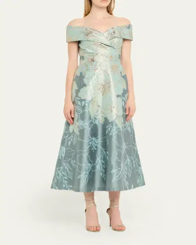 Rickie Freeman for Teri Jon Off-Shoulder Metallic Jacquard Midi Dress | Thumbnail 4 Rickie Freeman for Teri Jon Off-Shoulder Metallic Jacquard Midi Dress | Thumbnail 4