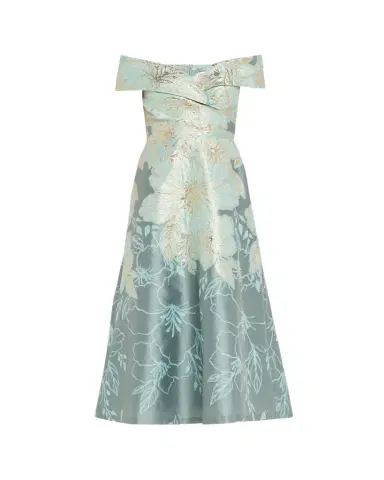 Rickie Freeman for Teri Jon Off-Shoulder Metallic Jacquard Midi Dress | Thumbnail 1 Rickie Freeman for Teri Jon Off-Shoulder Metallic Jacquard Midi Dress | Thumbnail 1