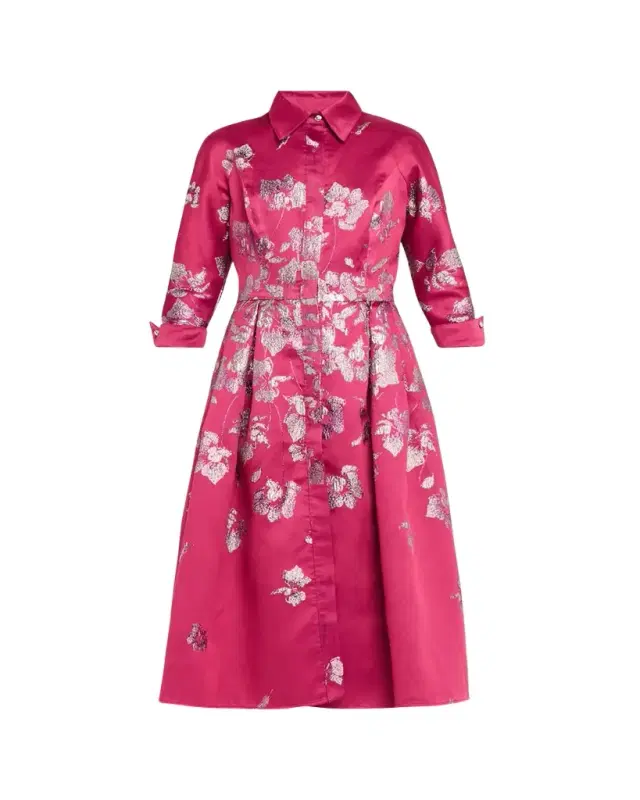 Pleated Metallic Jacquard Midi Shirtdress