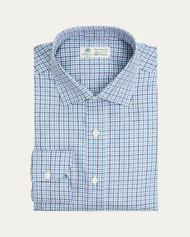 Borrelli Men's Cotton Multi-Plaid Point Collar Dress Shirt | Thumbnail 3 Borrelli Men's Cotton Multi-Plaid Point Collar Dress Shirt | Thumbnail 3