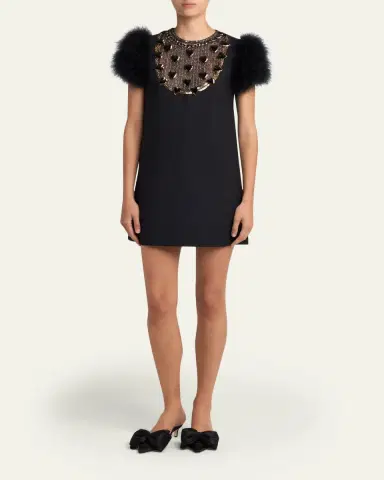 Valentino Garavani Embroidered Bib Feather-Sleeve Mini Dress | Thumbnail 2 Valentino Garavani Embroidered Bib Feather-Sleeve Mini Dress | Thumbnail 2