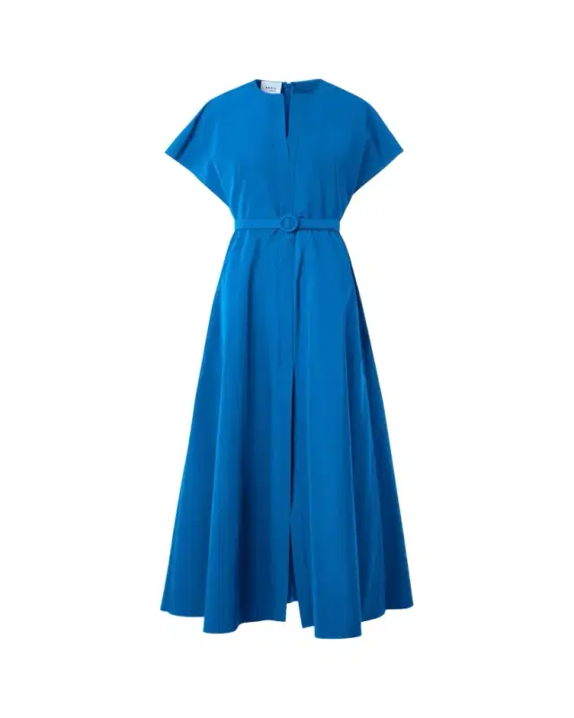 Short-Sleeve Belted Techno Midi Dress