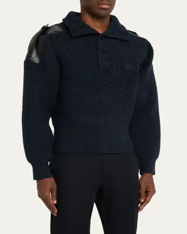 Burberry Men's Wool Half-Placket Leather-Epaulette Turtleneck Sweater | Thumbnail 4 Burberry Men's Wool Half-Placket Leather-Epaulette Turtleneck Sweater | Thumbnail 4
