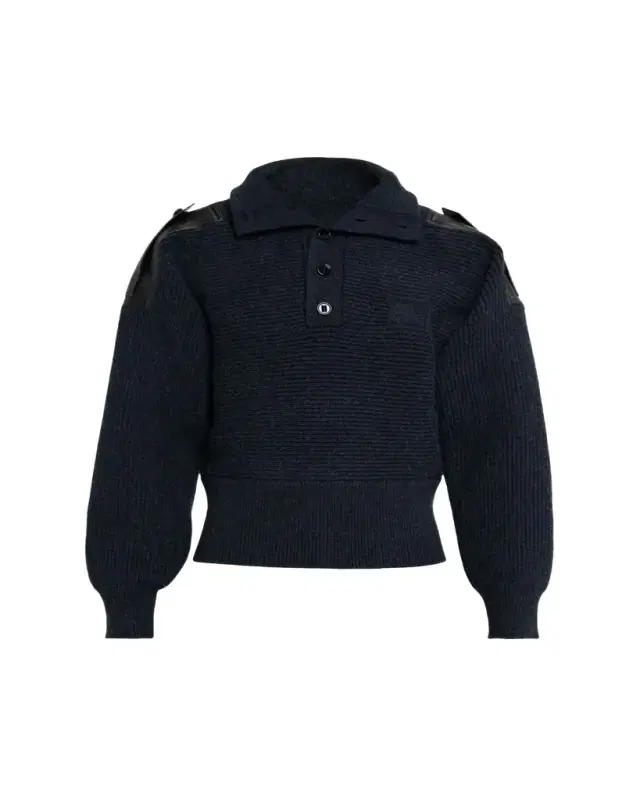 Men's Wool Half-Placket Leather-Epaulette Turtleneck Sweater