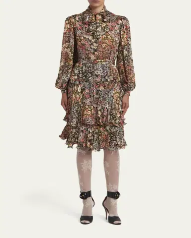 Valentino Garavani Floral Metallic Crinkle Satin Bow-Neck Blouse | Thumbnail 2