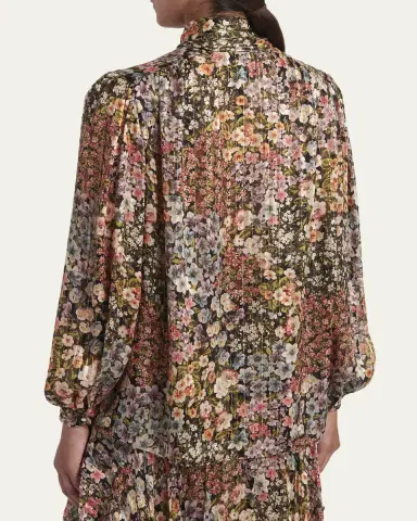 Valentino Garavani Floral Metallic Crinkle Satin Bow-Neck Blouse | Thumbnail 3
