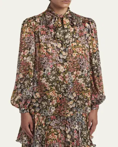 Valentino Garavani Floral Metallic Crinkle Satin Bow-Neck Blouse | Thumbnail 4