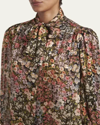 Valentino Garavani Floral Metallic Crinkle Satin Bow-Neck Blouse | Thumbnail 5