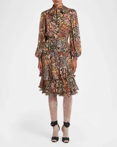 Valentino Garavani Floral Metallic Crinkle Satin Bow-Neck Blouse | Thumbnail 6