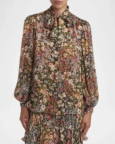 Valentino Garavani Floral Metallic Crinkle Satin Bow-Neck Blouse | Thumbnail 8