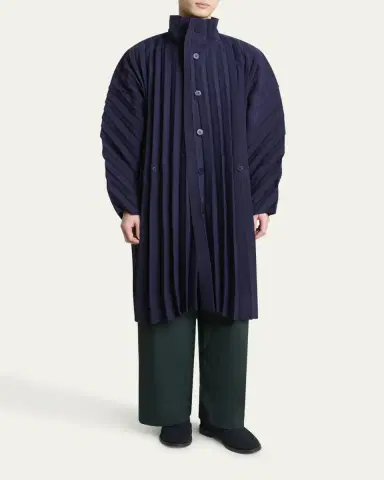 Homme Plissé Issey Miyake Men's Navy Edge Pleated Overcoat | Thumbnail 2 Homme Plissé Issey Miyake Men's Navy Edge Pleated Overcoat | Thumbnail 2