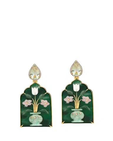 Silvia Furmanovich 18K Yellow Gold Window Shape Malachite Earrings with Mother Of Pearl, Pink Opal, Chrysocolla, Diamonds and Prasiolite | Thumbnail 1