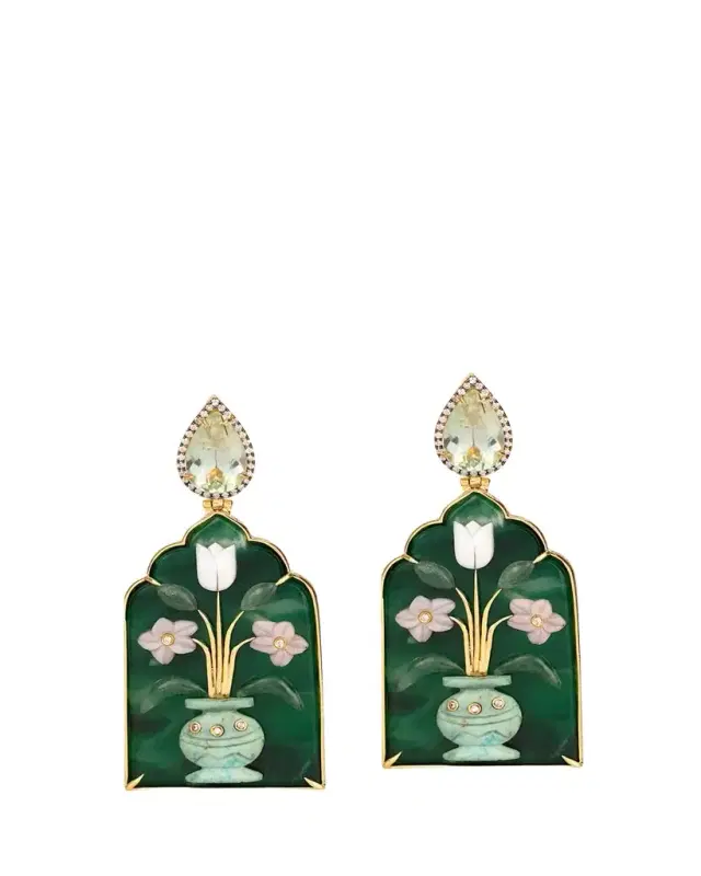 Silvia Furmanovich 18K Yellow Gold Window Shape Malachite Earrings with Mother Of Pearl, Pink Opal, Chrysocolla, Diamonds and Prasiolite