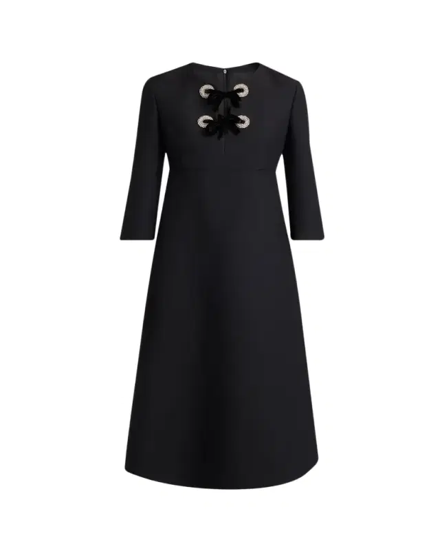 Crystal Velvet Bow 3/4-Sleeve Midi Dress