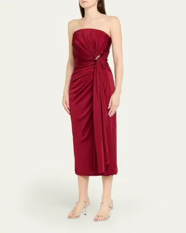 Halston Nadia Strapless Draped Jersey Midi Dress | Thumbnail 4 Halston Nadia Strapless Draped Jersey Midi Dress | Thumbnail 4