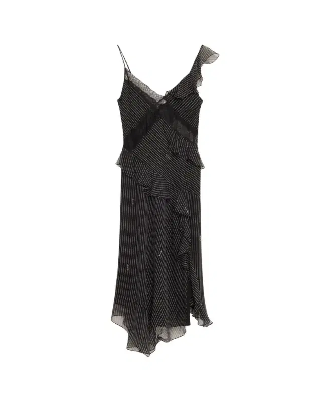 Sloane Pinstripe Script Ruffle Silk Midi Dress