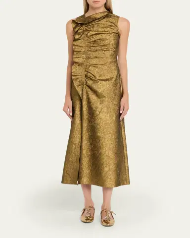Ulla Johnson Demetria Metallic Sleeveless Ruched Midi Dress | Thumbnail 2