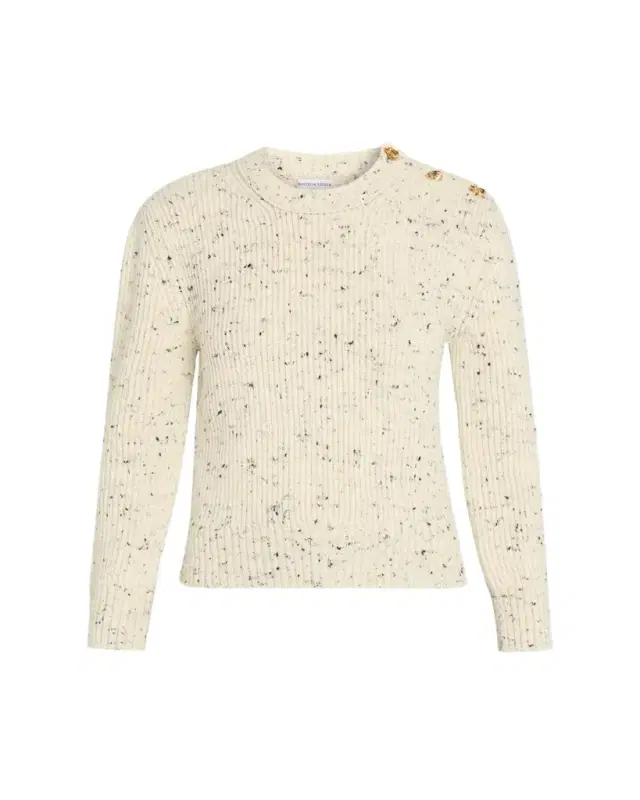 Button-Shoulder Speckled Rib Crewneck Sweater