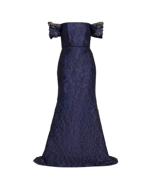 Beaded Off-Shoulder Jacquard Trumpet Gown