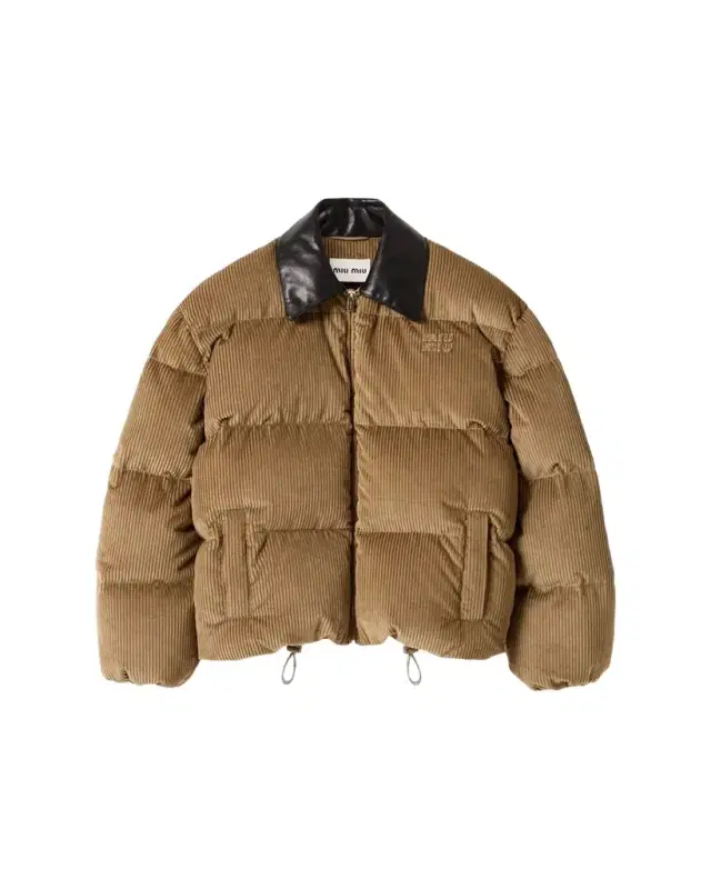 Leather-Collar Corduroy Puffer Jacket