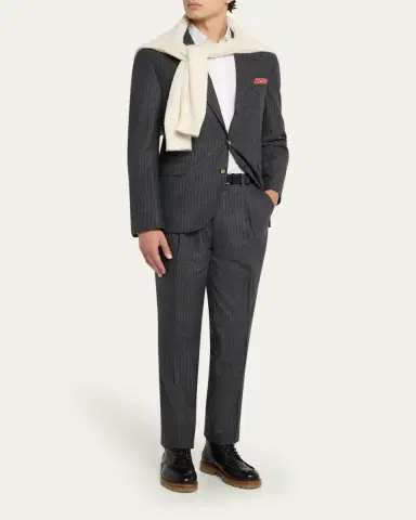 Brunello Cucinelli Men's Virgin Wool Chalk Stripe Notch Lapel Sport Coat | Thumbnail 2