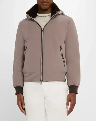 Brunello Cucinelli Men's Full-Zip Nylon and Shearling Jacket with Detachable Hood | Thumbnail 3