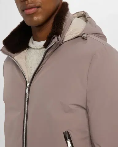 Brunello Cucinelli Men's Full-Zip Nylon and Shearling Jacket with Detachable Hood | Thumbnail 4