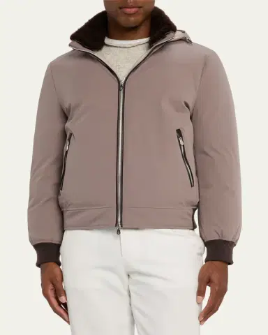 Brunello Cucinelli Men's Full-Zip Nylon and Shearling Jacket with Detachable Hood | Thumbnail 8