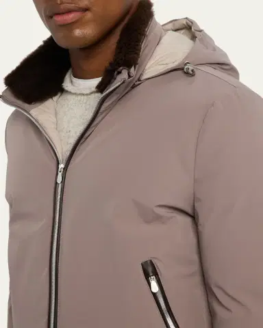 Brunello Cucinelli Men's Full-Zip Nylon and Shearling Jacket with Detachable Hood | Thumbnail 9