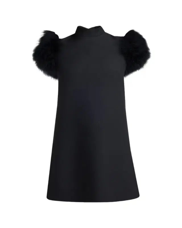 Feather-Sleeve Mock-Neck Mini Dress