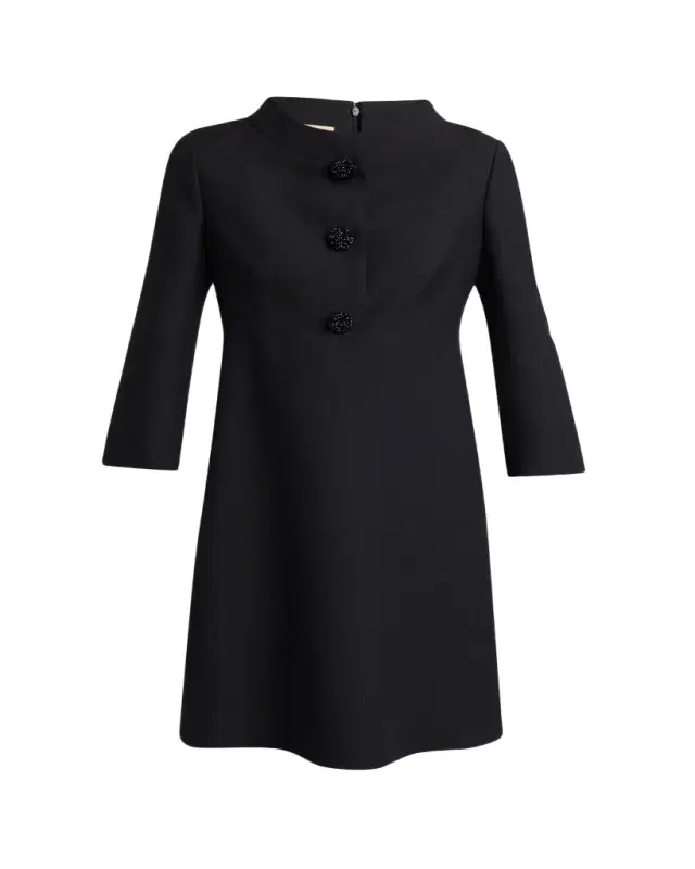 Crystal-Button 3/4-Sleeve Crepe Mini Dress