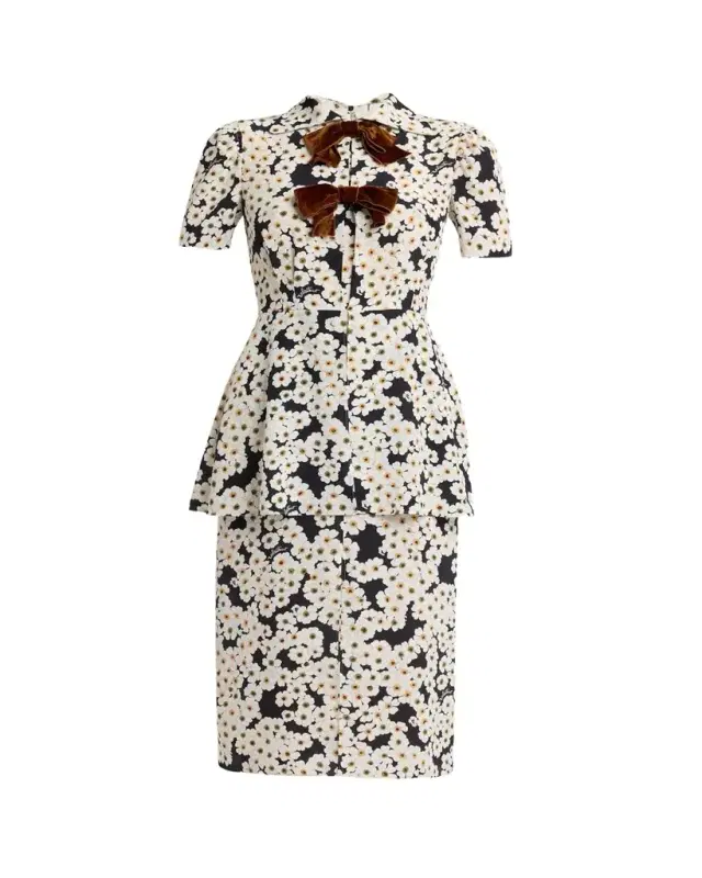 Daisy-Print Silk Bow-Front Peplum Shirtdress
