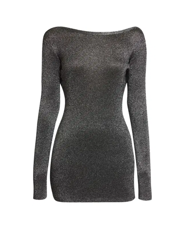Metallic Knit Long-Sleeve Backless Mini Dress