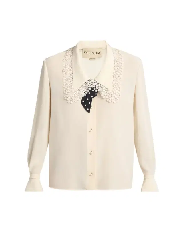Valentino Garavani Lace-Trim Button-Down Silk Blouse With Polkadot Tie