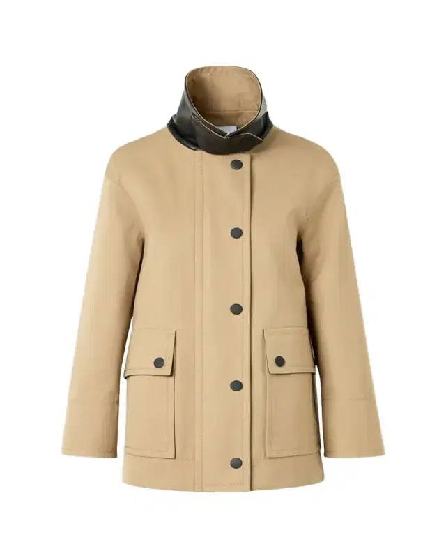 Faux-Leather Collar Cotton Gabardine Parka Jacket